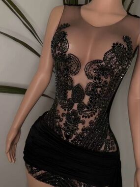 Elegant Black Beaded Illusion Prom Dress